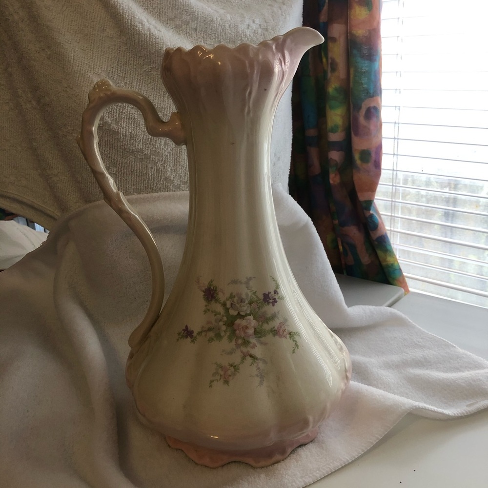 Vintage ivory and pink ceramic ornate pitcher shabby chic